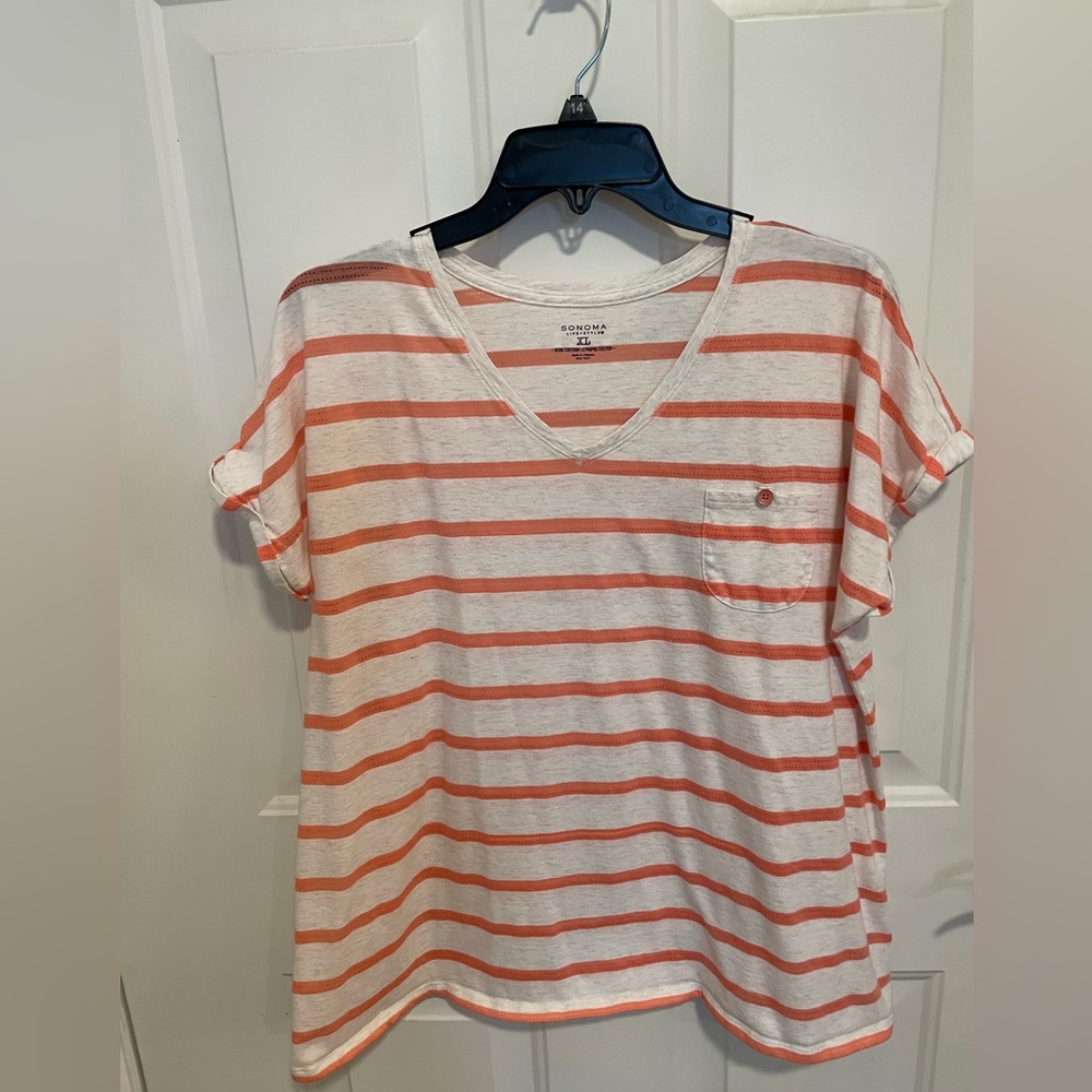 SONOMA V-neck Striped Pocket Tee - Cream & Coral - XL - EUC